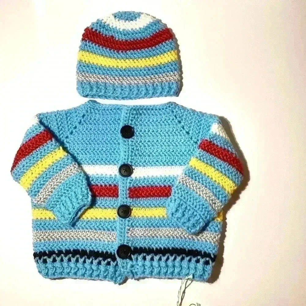 HANDMADE BLUE& red, white black stripes Baby sweater Cardigan  0-12months old
